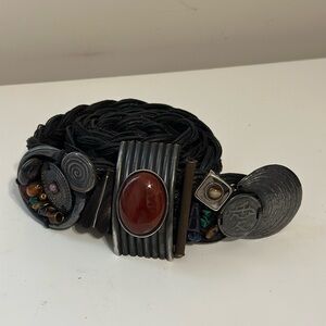 Majorie Baer vintage 1980s woven leather beaded jeweled metal belt.